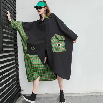 

Loose Plus Size Loose Women Dress Irregular Plaid Stitching At Sleeve Single-breasted Dresses Trend Streetwear Summer ZYQ1949