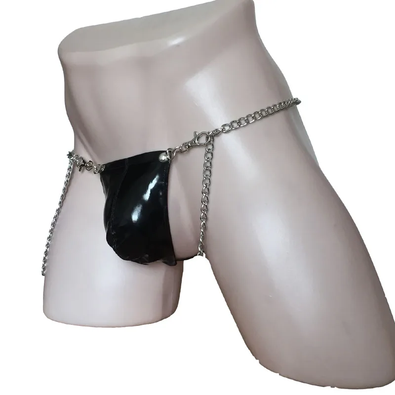 Male Underwear Sexy Wet Look Patent Leather Bulge Pouch G-string Bikini Metal Chain Waist Restraint Shorts Fetish Lingerie Men