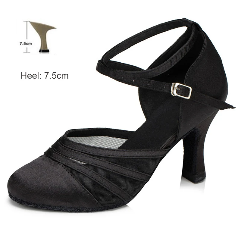 Обувь для бальных танцев для женщин, девушек, дам, Танго/бальных/латинских/современных каблуках, Классические атласные домашние танцевальные туфли, Прямая поставка - Цвет: 7.5cm Black2