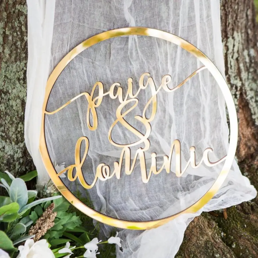 

Custom Wedding Sign Hoop Style Circle with Names or Phrase, Gold Mirror or Wood Wedding Decor Wall Sign for Bride & Groom