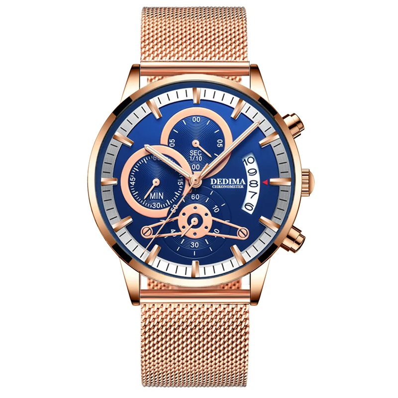 

High-end fashion three-eye six-pin multi-function sports stainless steel mesh belt calendar watch men's business casual watch