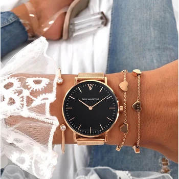 

PAUL VALENTINE Fashion Rose Gold Mesh Band Creative Marble Female Wrist Watch Luxury Women Quartz Watches Gifts Relogio Feminino