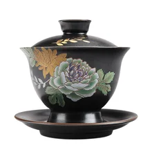 Серебряный набор для чаепития 999 черный пион покрытая чаша чайный набор Цзиндэчжэнь синий и белый серебряный позолоченная керамическая чашка чая, кружка Sancai большая Бо