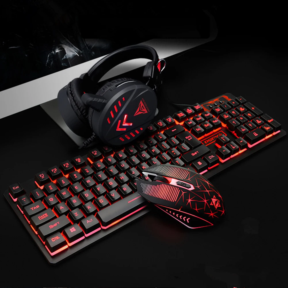 

4Pcs Waterproof Desktop Wired USB Computer Gaming Mouse Accessories Illuminated Backlight Pad Keyboard Set Home Headset
