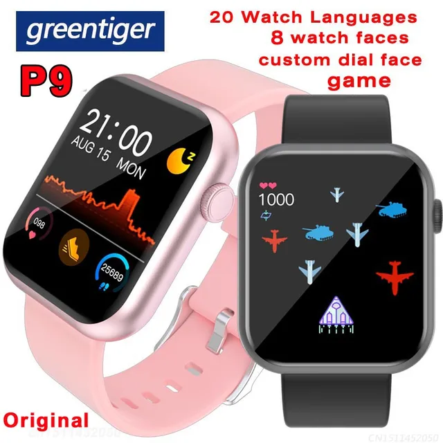 Greentiger P9สมาร์ทนาฬิกา Touch Custom Dial เกมอัตราการเต้นหัวใจความดันโลหิตออกซิเจน IP67กันน้ำ Smartwatch PK P8