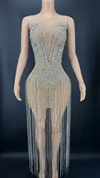 Sweet Heart Tassel Scene Rhinestone Jumpsuit Elastic Skinny Bodysuit DJ Stage Wear Nightclub Singer Dancer Performance Costumes