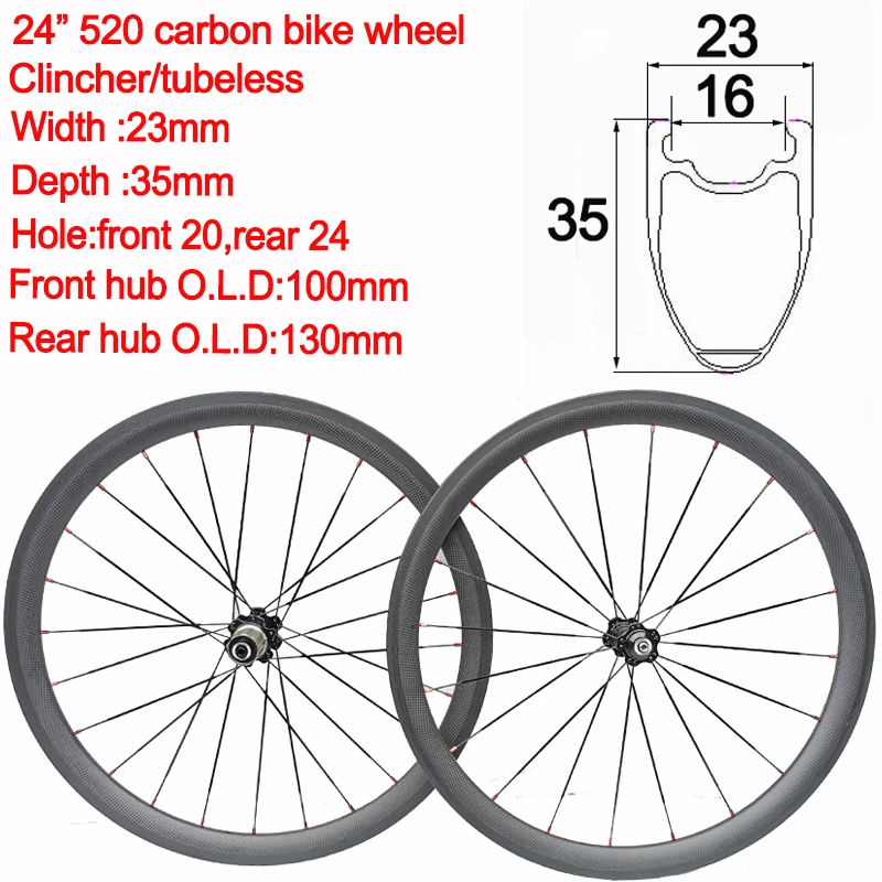 Ruedas de bicicleta de carretera de carbono 520 de 24 pulgadas, cubiertas de bicicleta sin cámara, juego de ruedas de 24 pulgadas de ancho, 23mm de alto, 35mm cubo de cerámica|Rueda