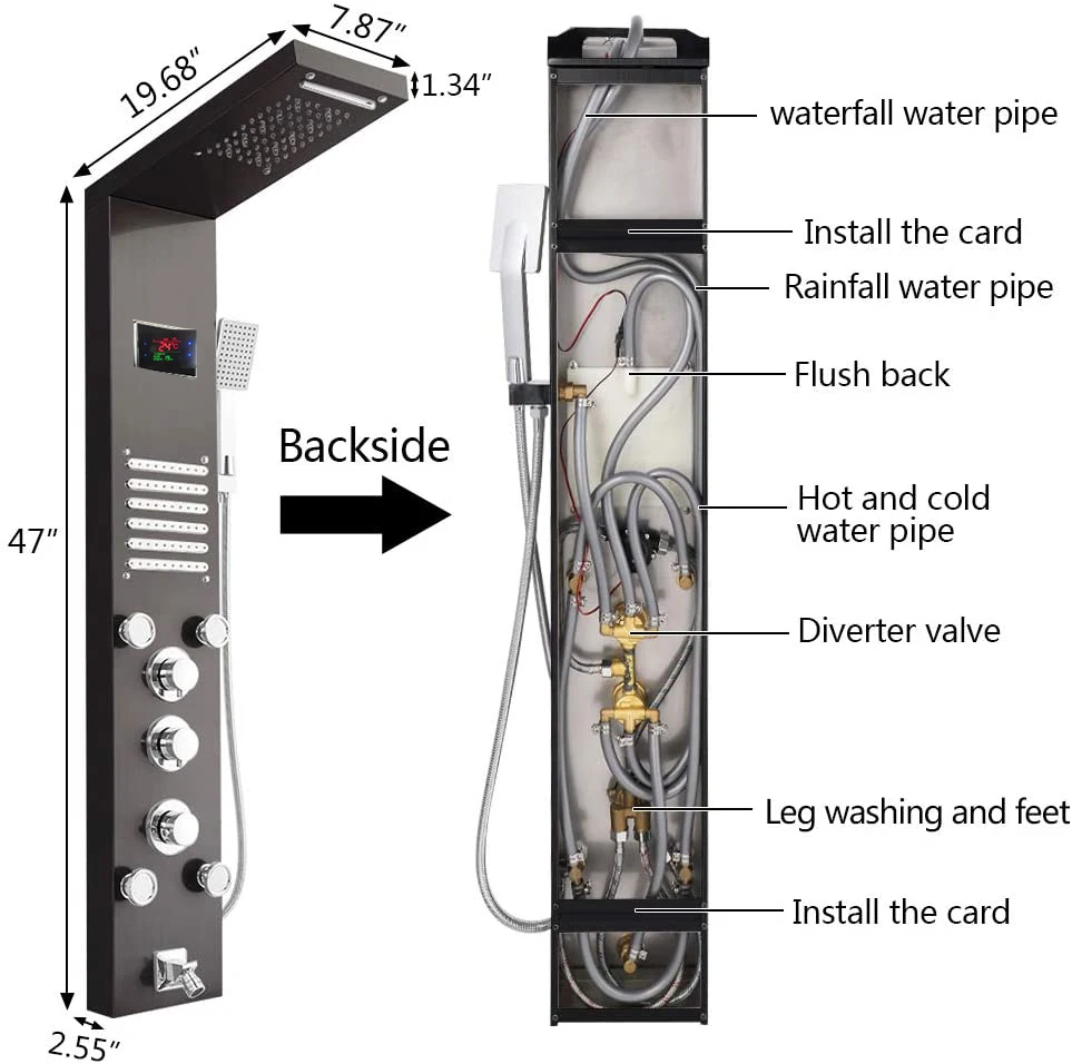 OUIO Black Shower Panel Wall Mounted LED Rainfall Waterfall Shower Head Rain Massage Stainless Steel Bathroom Shower Panel 3