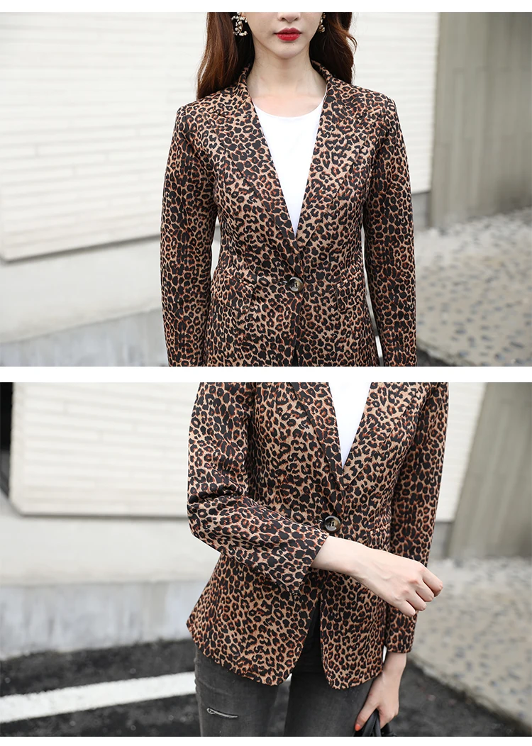 Модные осенние Для Женщин Леопардовый блейзер и куртки работы Офисные женские туфли Костюм приталенный, с одной пуговицей Бизнес женский