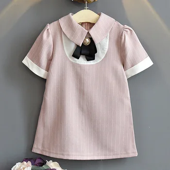 

Girl Casual Dress New Summer Kids Girls Bow-knot Dress Kid Preppy Costumes Short Sleeve Children Clothing Outfit Toddler Clothes