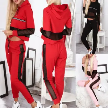 

2Pcs Womens Fashion Mesh Tracksuits Sets Hooded Crop Tops Pants Sport Sweatshirt