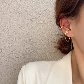 

Asymmetry New Design Irregular Abstract Metal Line Earrings for Women Gold Color C Shape Clip Earrings Long Chain Link Jewelry