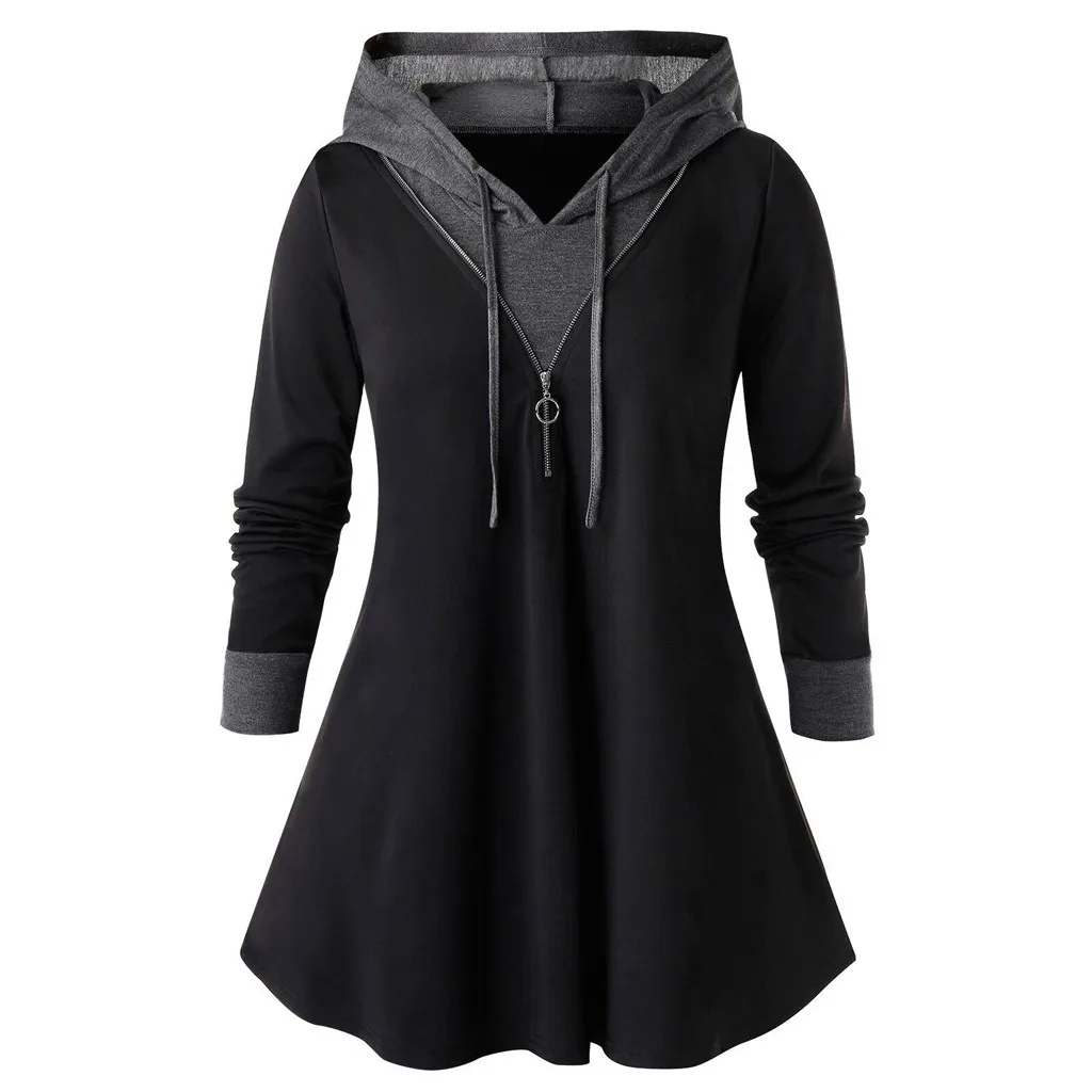 Plus Size Autumn Hoodies Blouse Women Long Sleeve Shirt Casual Color Patch Zipper Tunic Tops Hooded Blusas Chemise Femme