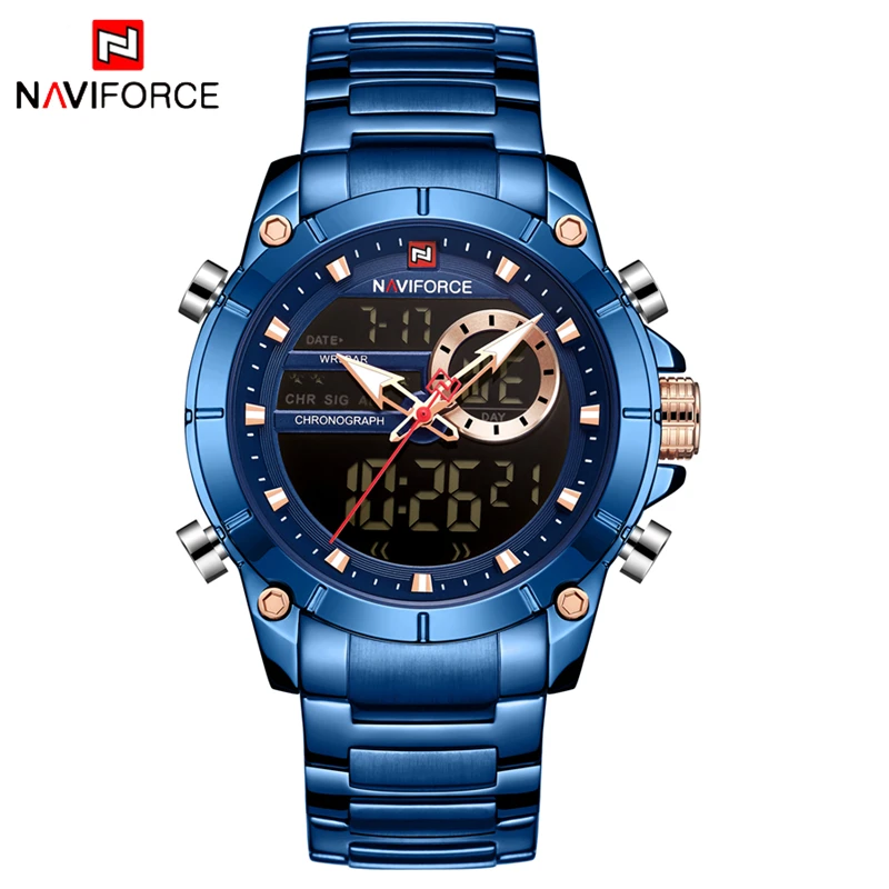 Blue NAVIFORCE брендовые Топ мужские военные спортивные часы мужские s цифровые часы светодиодный Аналоговый нержавеющий мужской армейские кварцевые часы Relogio Masculino - Цвет: Blue