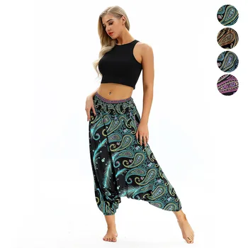 

Women Straight Loose leggings Lounge Pants Bloomers Indian Thailand Style High Elastic Waistband Pocket Pants
