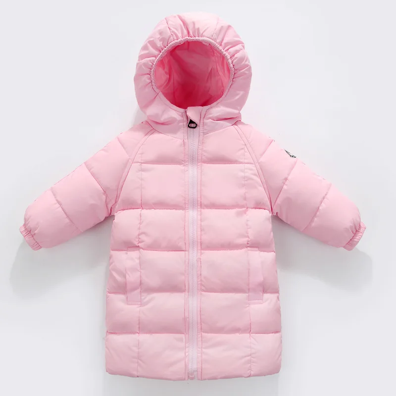 Зимняя куртка на белом утином пуху для девочек 18 M-8 лет, повседневная одежда для маленьких мальчиков красивая детская верхняя одежда черное длинное пальто с капюшоном для мальчиков - Цвет: Розовый