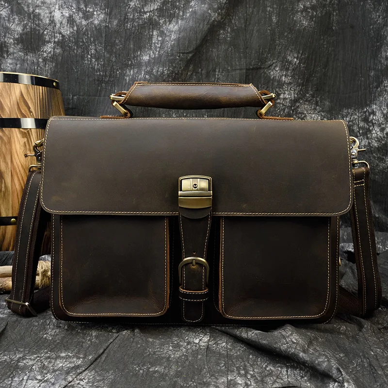 Dark Brown Unisex Large Leather Travel Laptop Bags Briefcase