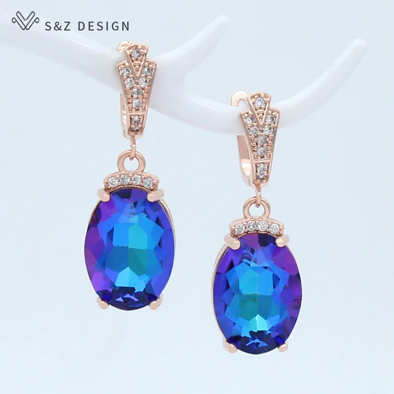 S&Z DESIGN New Fashion Oval Large Crystal Dangle Earrings For Women Wedding Luxury 585 Rose Gold Color Zirconia Jewelry
