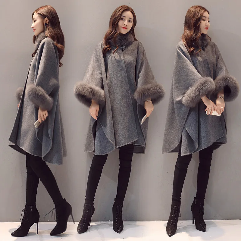 

2019 Autumn Clothing New Style Woolen Overcoat Korean-style Cloak-Shaped Retro Mid-length Cool Casual Woolen Jacket Women's Fash