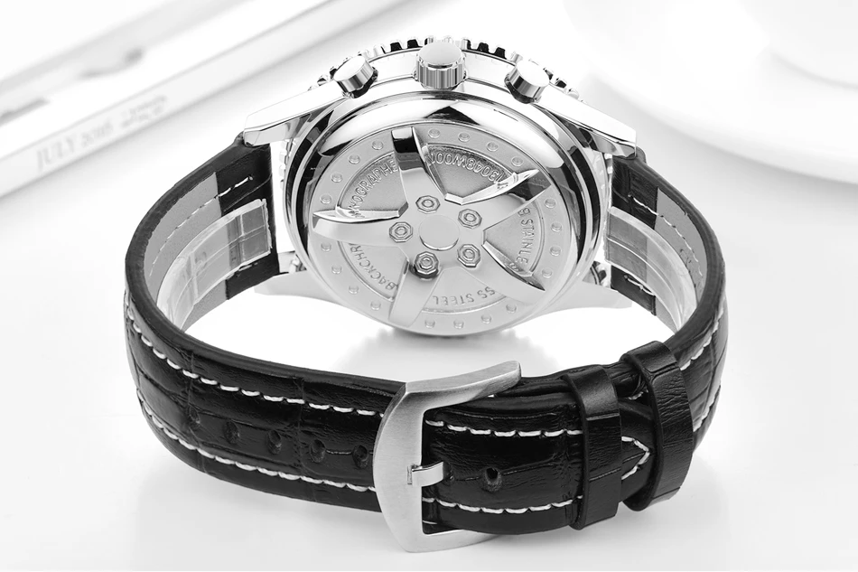 Bracelet en cuir véritable pour hommes, mécanique à remontage automatique, en acier inoxydable, noir, marron, bleu, sport, grande taille 50mm_voghion.com