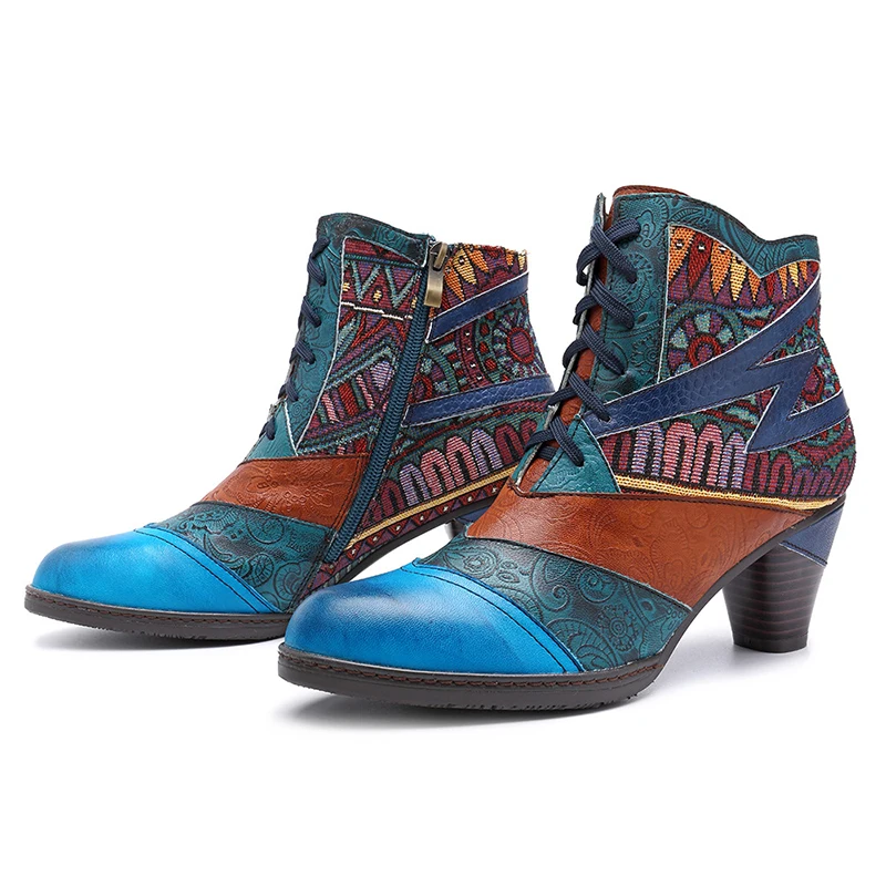 

big size genuine leather platform ankle boots for women fashion blue shoes woman round toe zipper totem sapatos femininos TSDFC