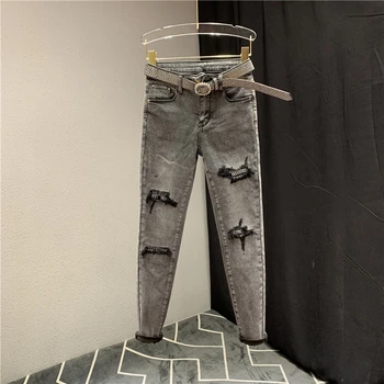 

Stretch Jeans Woman 2020 Spring New Ripped High-Waist Slim-Fit Tight-Fit Denim Pencil Jeans Women's Smoke Gray Jean Pants Femme