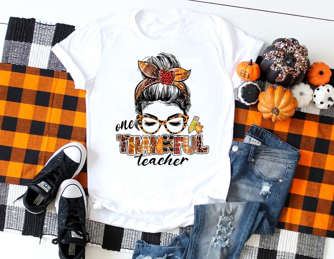 One Thankful Teacher Graphic Print T-Shirt Women'S Clothing Halloween Gift Mom Tshirt Femme Leopard Fall T Shirt Female Tops | Женская