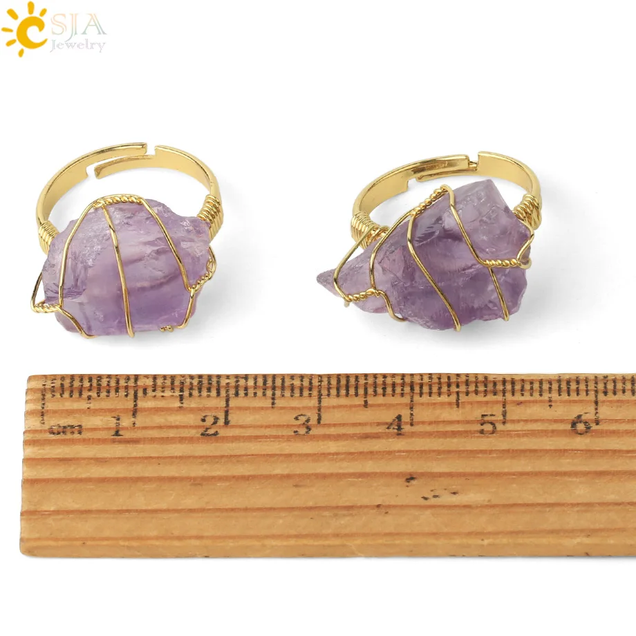 CSJA Natural Stone Crystal Rings Women Irregular Wire Wrap Healing Purple Fluorite Gold-color Resizable Finger Ring Jewelry G339 - Image 6