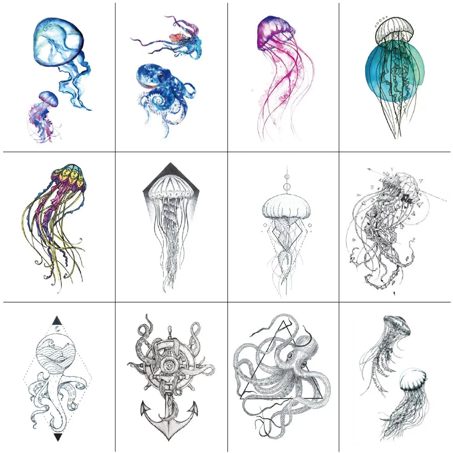 

Jellyfish Temporary Tattoo Sticker Squid Octopus Fake Tatoo Hand Arm Shoulder Waterproof 10.5X6cm Set of 12