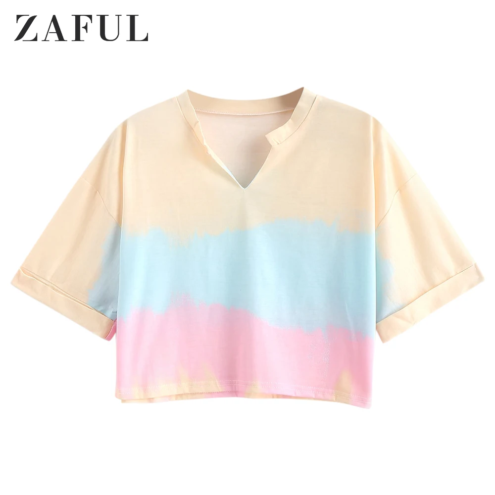 ZAFUL, летняя рубашка, Радужная, Tie Dye, обрезанная, футболка с v-образным вырезом, спущенные плечи, половина рукава, женская, с принтом, футболка, вечерние, короткий, топ, рубашка