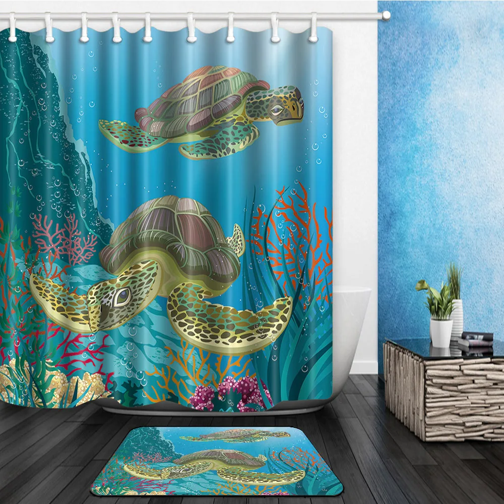 Cartoon Turtle Surf Shower Curtain Blue Ocean Bathroom Decor Polyester Fabric Lib Fib Ugm Ac Id