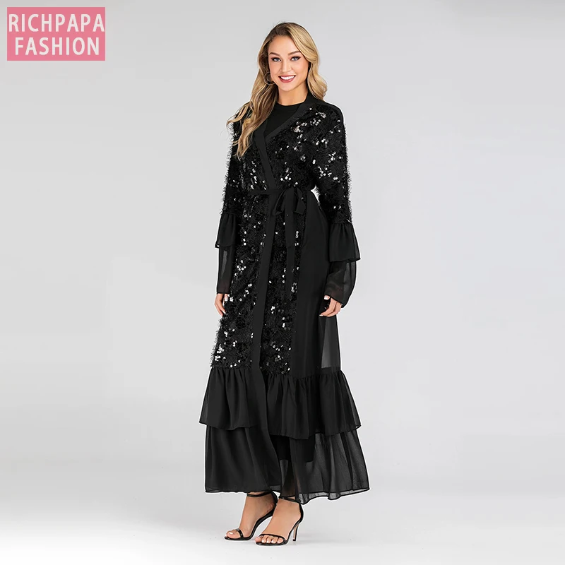 Sequin открыть абайя кимоно Дубай мусульманское платье Абая для женщин хиджаб платье ислам марокканский кафтан турецкая исламская одежда кафтан