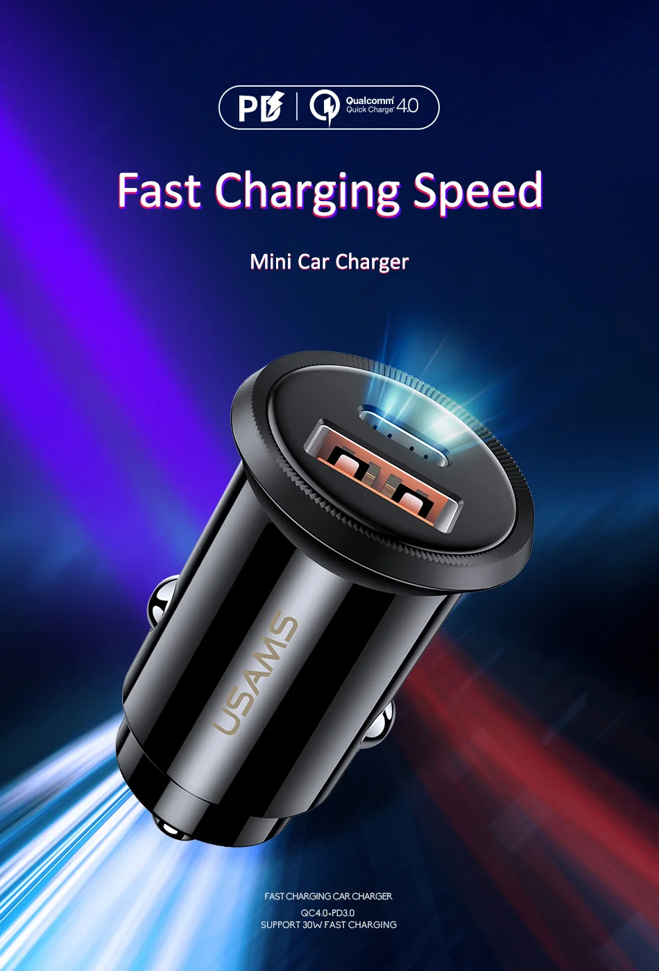 USAMS 5A USB Автомобильное зарядное устройство 30 Вт для Xiaomi Mi huawei QC4.0 QC3.0 Быстрая зарядка PD Зарядное устройство USB C планшет зарядное устройство для мобильного телефона адаптер