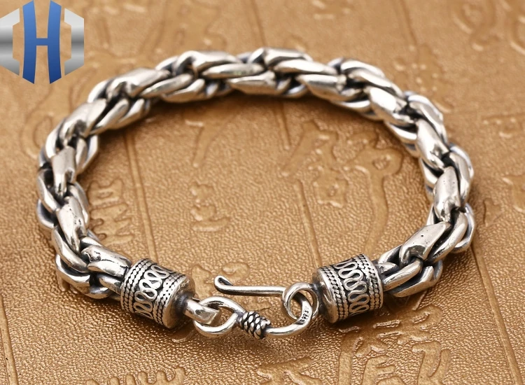 

925 Sterling Silver Fashion Trend Men's Personality Twist Bracelet Thai Silver Retro Hipster Silver Chain