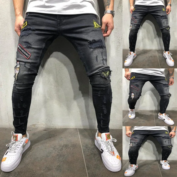 

MEN'S Jeans Embroidery with Holes Europe And America Jeans Elasticity Skinny Pants New Style