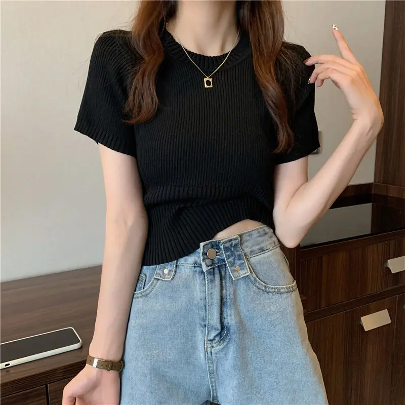 Summer Slim Thin Round Neck Solid Color Knitted Short-sleeved Pullover T-shirt Spring And Autumn New Fashion Bottoming Top