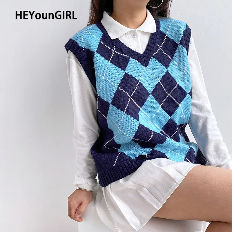 

HEYounGIRL Y2K Argyle Plaid Knit Sweater Women Casual Preppy Style Sleeveless Vest Jumpers Ladies Korean Knitwear Autumn 2020