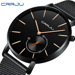 CRRJU мужские часы ультра тонкие из нержавеющей стали водонепроницаемые Модные Черные простой дизайн циферблат топ бренд наручные мужские