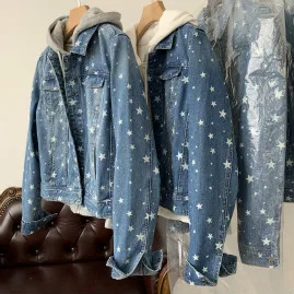 Blue Осенняя Женская мода Свободный однобортный моющийся короткий джинсовый дизайн куртка женская трендовая джинсовая хлопковая верхняя одежда с принтом звезды - Цвет: Blue