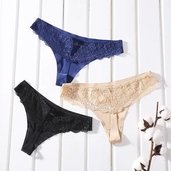

Women Panties 3Pcs Set Sexy Lace Underwear Female Briefs T-Back Thong G-String Ladies Floral Panty Low Rise Ice Silk Lingerie