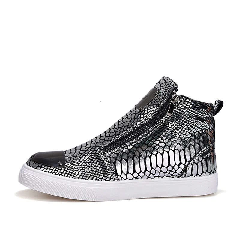 

IGxx High Top Zip Boots For Men Glitter Punk Metal Snake Casual Shoes Men's Flats Genuine Leather Motorcycle Boots