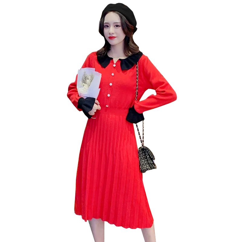Winter Solid Color Pregnant Women Long Flare Seeve Pleated KnittedDress Sweet Peter Pan Collar Maternity Empire Dress Wholesale