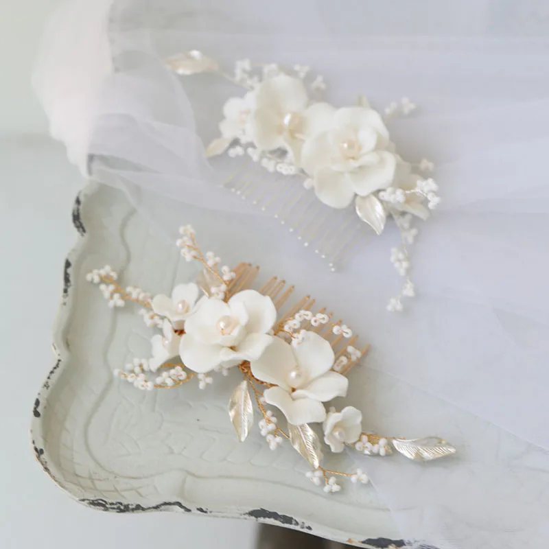 Floralbride Alloy Leaf Crystal Rhinestone Ceram Flower Freshwater Pearls Bridal Hair Comb Wedding Hair Accessories Women Jewelry