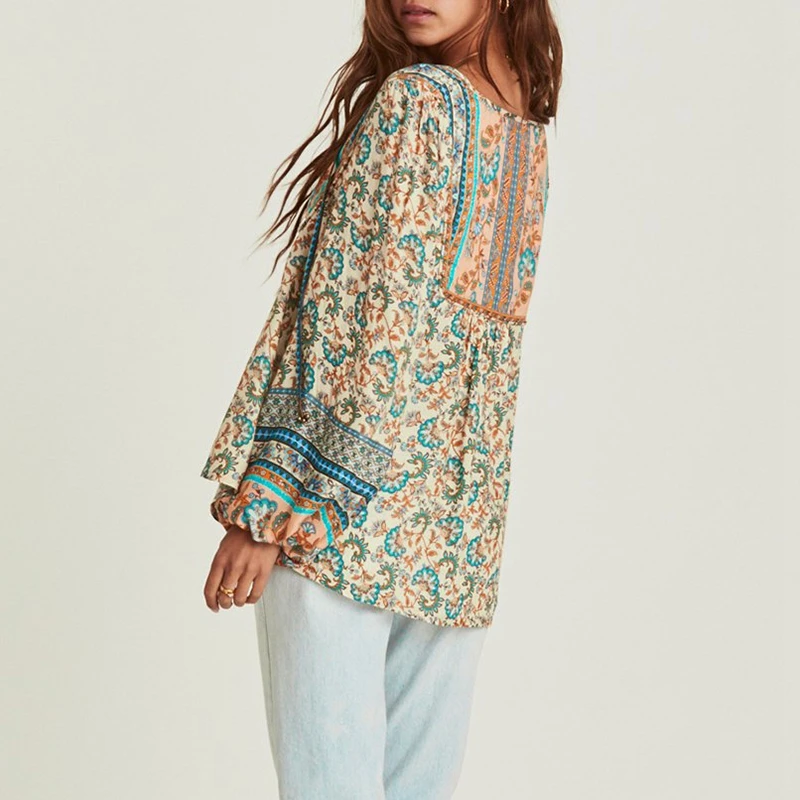 Everkaki блузки Топы женские Boho Цветочный Принт осенние шеи с завязками элегантные женские повседневные топ в цыганском стиле Блузки Рубашки женские Новинка