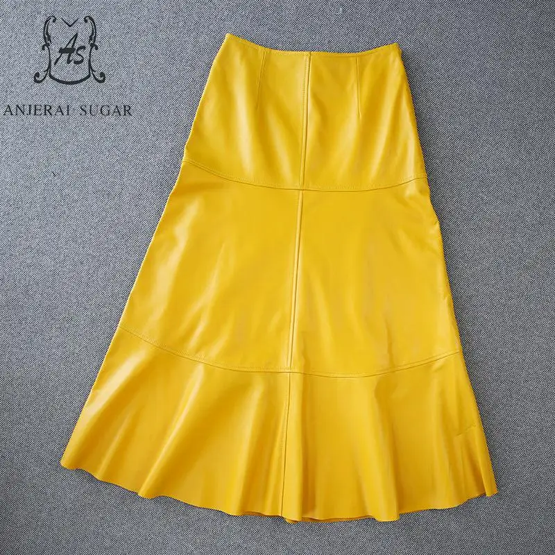 Autumn winter Genuine leather skirts womens yellow High waist Splicing sheepskin dermis OL office A line Super Long Horn Skirt