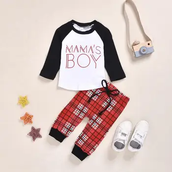 

Newborn Infant Baby Boy 1-5T Mama's Boy printed t-shirts + Plaid Pant 2PC Outfits