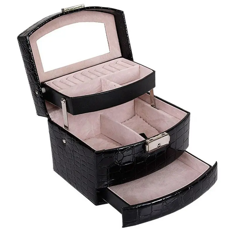  HHO-Automatic Leather Jewelry Box Three-layer Storage Box For Women Earring Ring Cosmetic Organizer