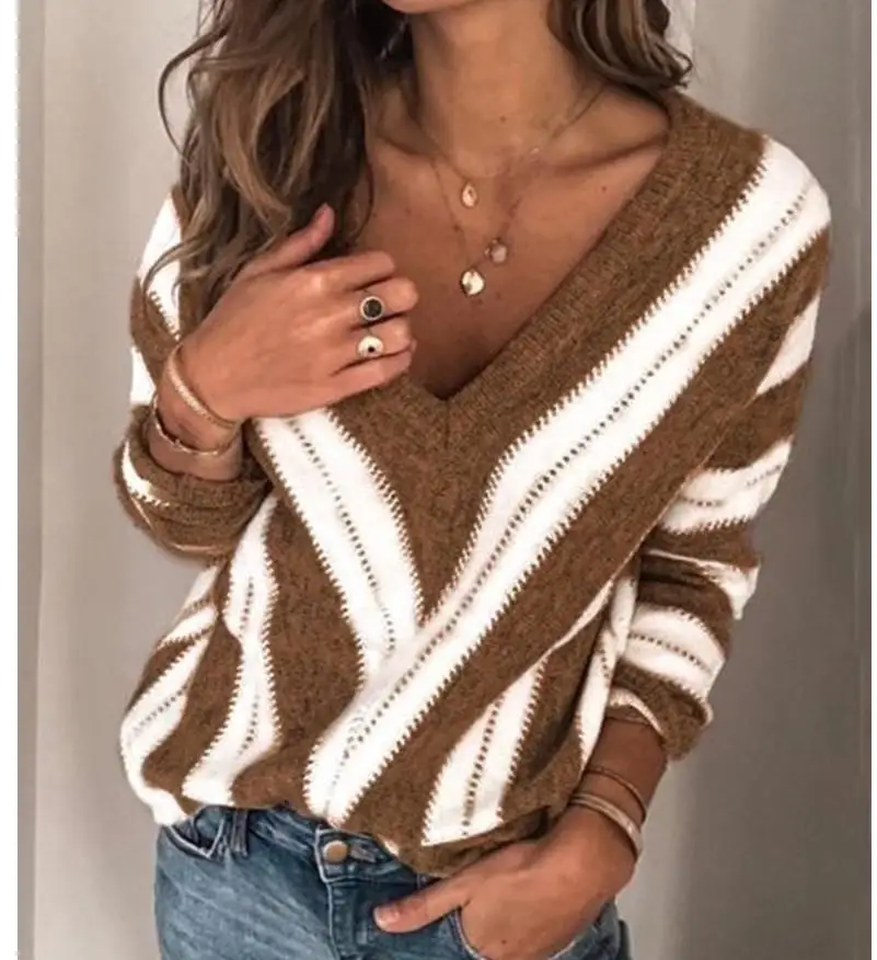  Women Spring Autumn Shirt Deep V Striped Blouse Knitwear Tops Casual Long Sleeve Shirt Jumper Pull 