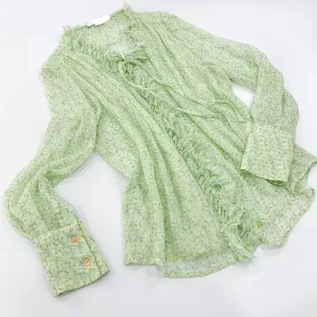 

Summer 2020 Australian niche design green floral silk shirt small a skirt female