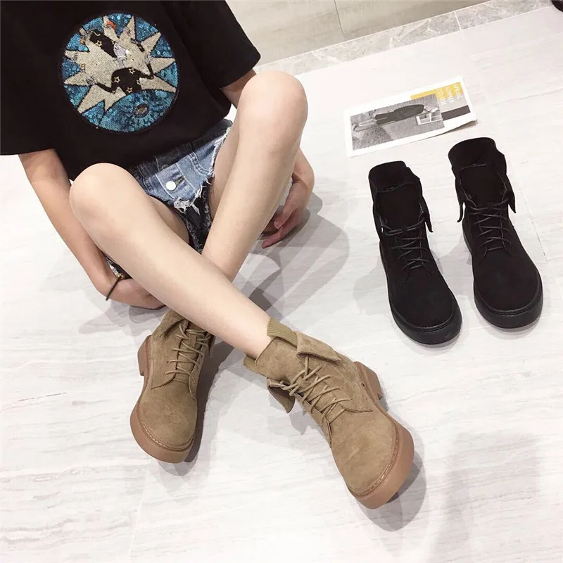 

Shoes Lady Boots Round Toe Low Heels booties Bootee Woman 2019 Lace Up Martins For Women Ladies Ankle Rubber Flat Autumn Rock
